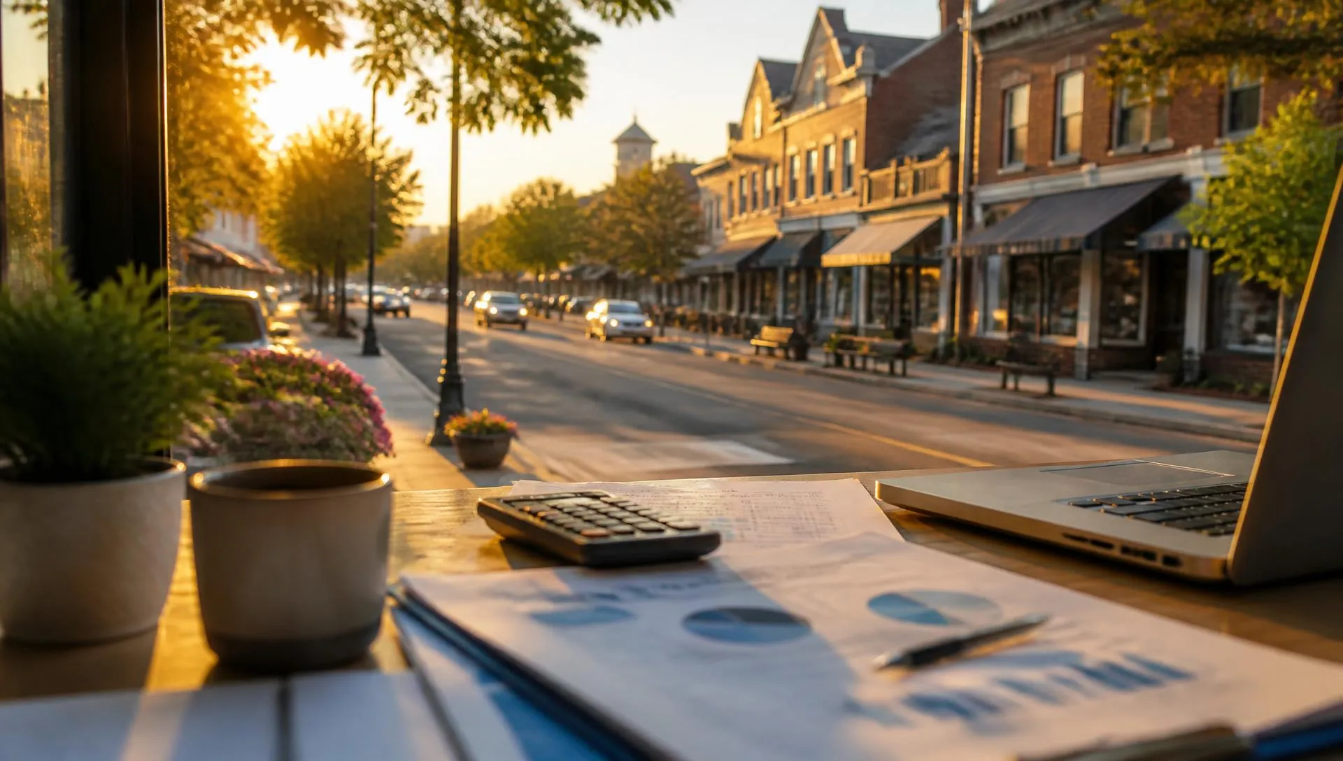 Accountant's desk with financial reports beside a window overlooking a Monmouth County main street at golden hour