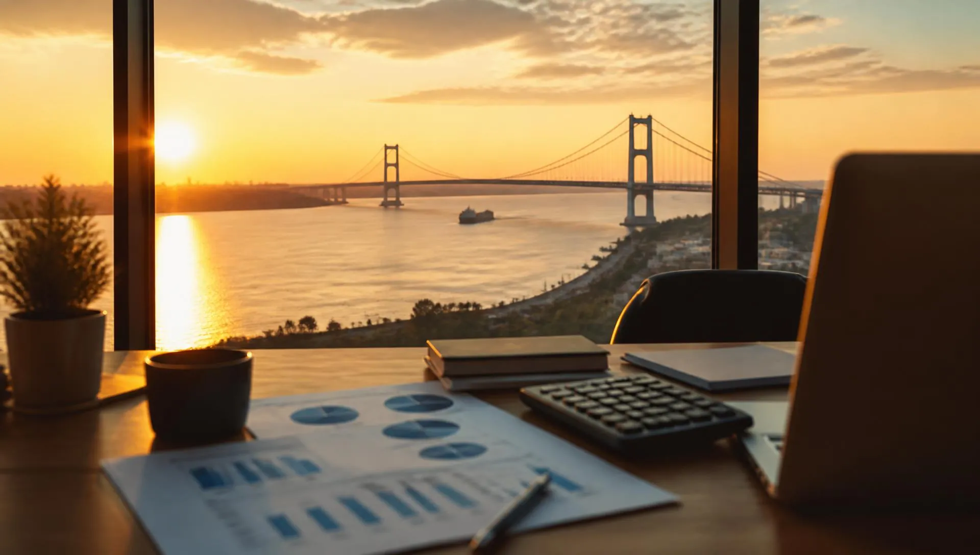 Accountant's desk with financial reports overlooking the Staten Island shoreline and the Verrazzano-Narrows Bridge at sunset