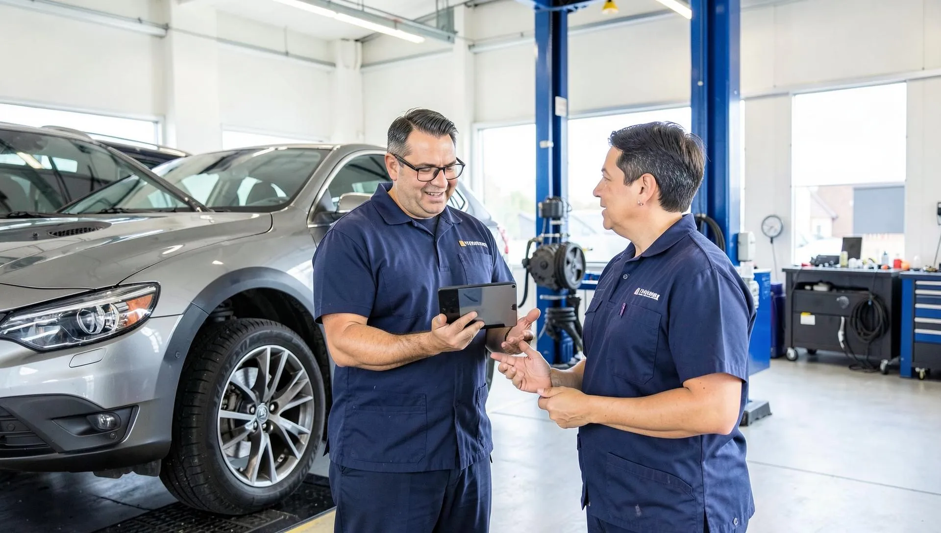 Service advisor with a tablet talking to a customer beside a car on a lift in a clean auto repair shop