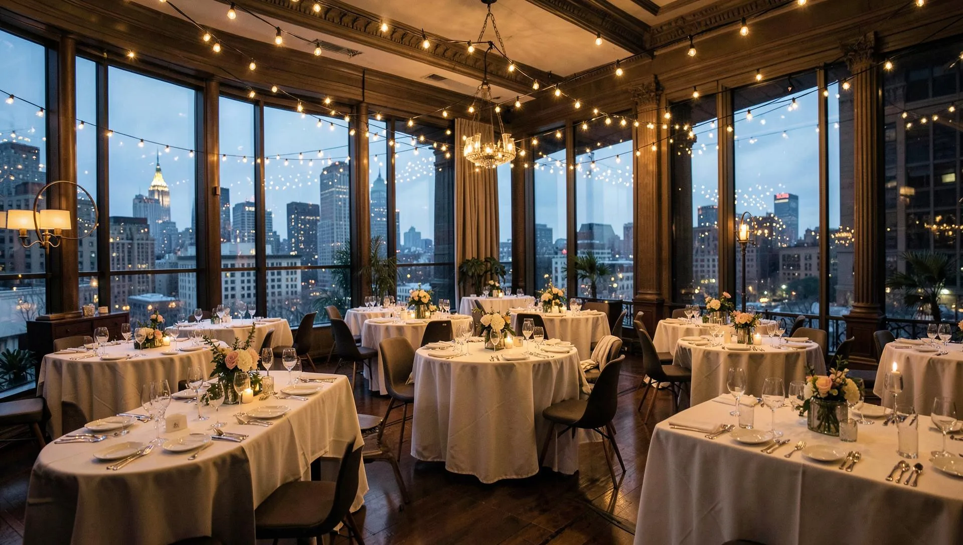 Large New York City catering venue set with round banquet tables, string lights, and a skyline view