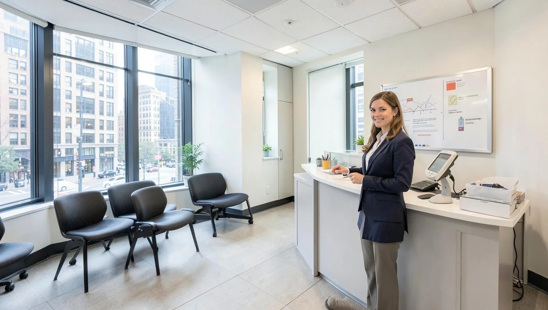 Front desk of a bright modern medical office in New York City with a payment terminal at the reception counter